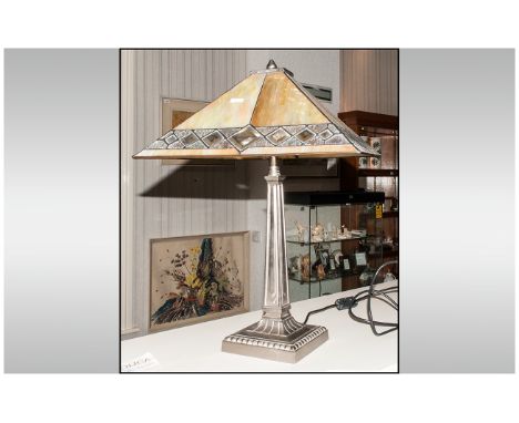 Tiffany Style Table Lamp with chrome coloured base and amber coloured shade, 24 inches high.