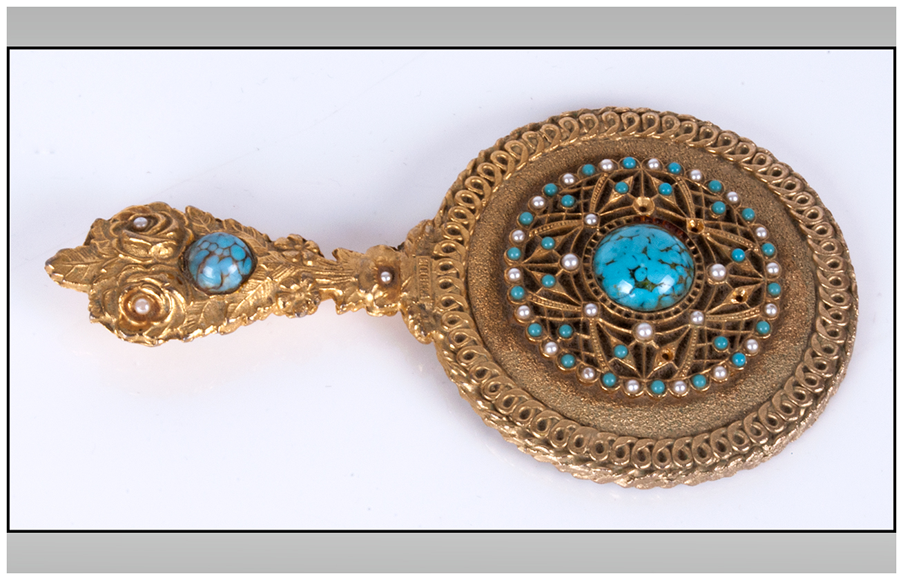 Mirella Ornate Gold Plated Small Pocket Hand Mirror Inlaid with