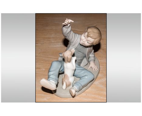 Nao by Lladro Figure ' Boy Playing with His Dog ' Height 6.25 Inches. Mint Condition. 