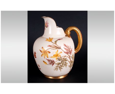 Royal Worcester Ivory Floral Helmet Shaped Jug with Gold Painted Handle and Base. Date 1903, Height 7 Inches. Overall Good Co