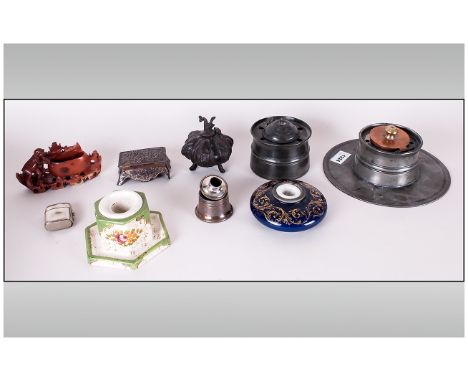 Nine Miscellaneous Inkwell Types various mediums, 2 decorated pottery, soapstone monkey, 2 pewter lidded inks, Japanese metal