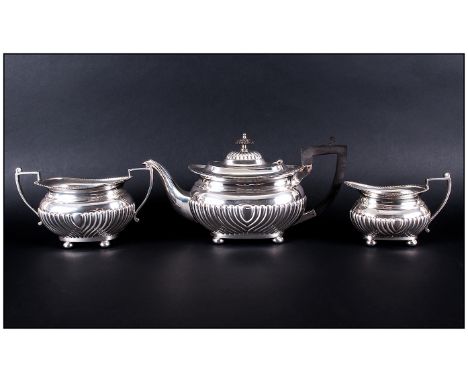 Edward VII Fine Silver 3 Piece Tea Service Of Regency Form with half fluted decoration and pie crust borders.  Comprises Tea 