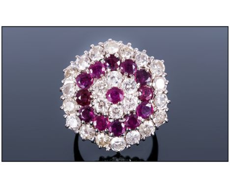 Ladies Impressive 18ct White Gold Set Large Ruby and Diamond Cluster Ring. Flower head Setting. Est Diamond Weight 2 cts. Rub