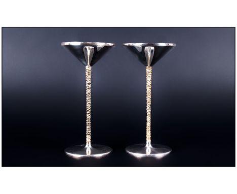 Stuart Devlin Fine Pair Of Silver & Silver Gilt Candle Stick Holders, with textured gilt stems. Hallmark London 1972.  12ozs 