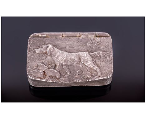 An English Pewter Snuff Box by Wilsons Co of Sharrow. No.L1456. The Hinged Lid, Embossed with a Period Hunting Dog In a Woodl