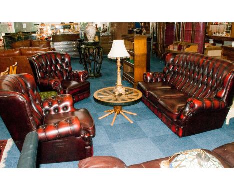 3 Piece Burgundy Leather Suite with Shaped Backs Button To The Back and Arms, Rolling Shaped Arms with Loose Leather Seat Cus