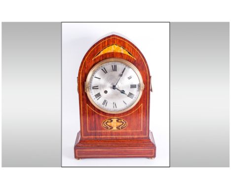 Philip Haas / Sohne Lancet Bishops Hat Shaped Inlaid Mahogany Cased Bracket Clock. Fruit Wood Shell Cartouches and Banding. 8