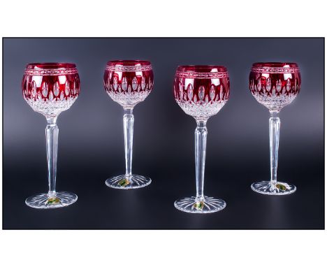Waterford Cut Crystal Set Of Four Clarendon Ruby Hock Glasses, The Clarendon Pattern is characterized by dramatic cuts, creat