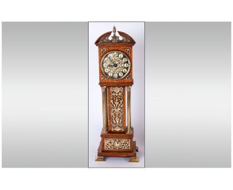 Oak Cased Miniature Longcase Clock, Early 20thC. Cream Enamelled Dial With Arabic Numerals And Brass Fretwork, With Four Bras