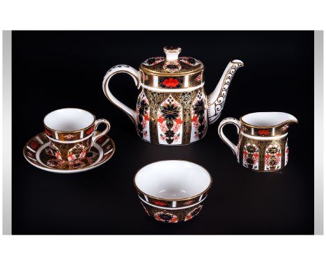 Royal Crown Derby Old Imari Pattern Miniature 5 Piece Singles Tea Service. Comprises Teapot, Cup and Saucer, Milk Jug and Sug