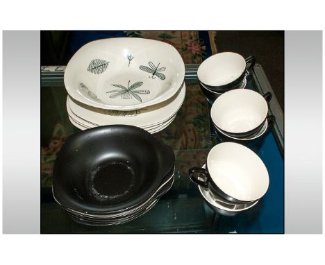 Midwinter Nature Study 19 Pieces circa 1950's Fashion shape 6 by 9 inch diameter. 6 teacups 6 black cereal bowls and fruit bo