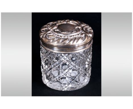 Edwardian Embossed Silver Topped Cut Glass Ladies Trinket Jar. Hallmark Birmingham 1902. Height 2.5 Inches. 