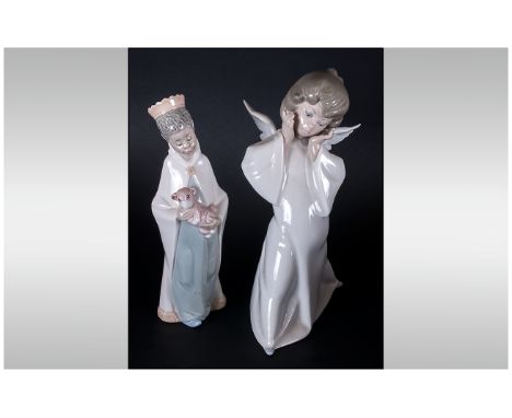 Lladro Figures ( 2 ) In Total. 1/ Mime Angel, Model Num.4959. Issued 1977, Height 8.5 Inches. 2/ King Balthasar, Model Num 46
