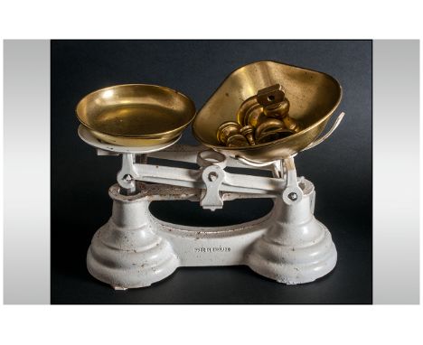 Vintage Pair of Brass Toffee Scales with Weights and Iron Base. c.1950's. 6 Inches High, 10 Inches Wide. 