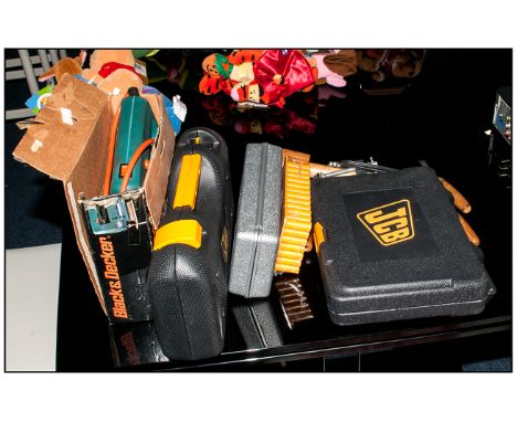 Assortment Of Various Tools. Including JCB Screw Driver Set, JCB Chisel Set, JCB Pliers Set, Black & Decker Electric Saw and 