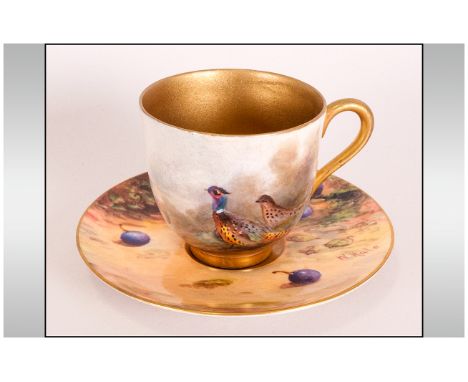 Royal Worcester Hand Painted Miniature Cup & Saucer, Pheasant Cup Signed James Stanton, 2'' in height, Fallen fruits saucer S