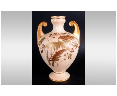 Royal Worcester Hand Painted Blush Ivory Two Handle Vase. c.1890. Shape Num.1076. Height 9.5 Inches. 