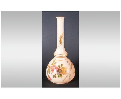 Royal Worcester Small Mallet Shape Vase, the body decorated with hand finished over print, roses and daisies to the front, wi