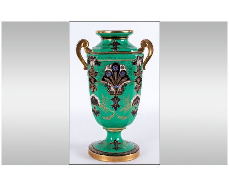 Noritake Fine and Impressive Hand Decorated Two Handle Vase, with Raised Enamel Decoration on Green Ground Stands 10 Inches H