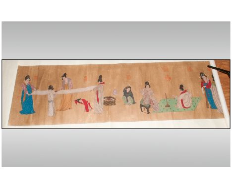 Chinese Scroll Painting On Paper depicting figures after the antique in a formal garden scene with celestral maidens. boxed. 