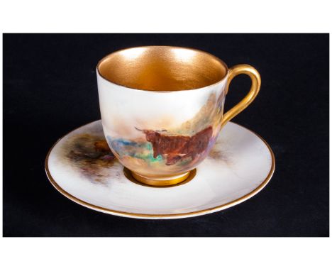 Royal Worcester Handpainted Cup & Saucer Highland Cattle, Signed James Stinton, Date 1914. Cup 2'' in height, Saucer 3.5'' in