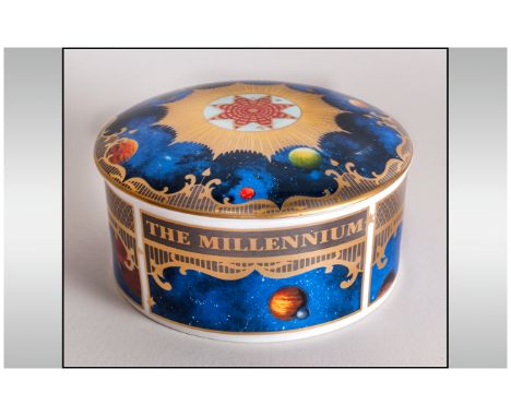 Royal Worcester Fine Bone China Millennium Lidded Circular Trinket Jar. Date 2000. 2 Inches High, 4 Inches Diameter. Boxed an