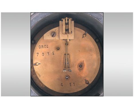 Victorian Black Slate Mantle Clock Of Square Form, with mottled green colour edges. With a French movement and white enamel d