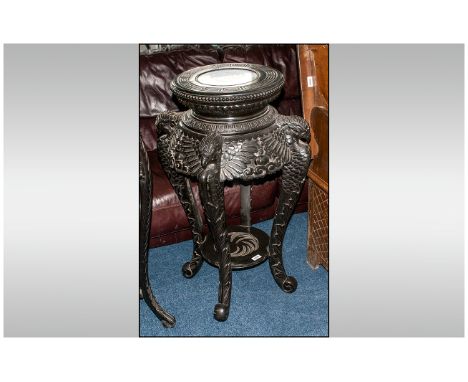 A Large Japanese Black Lacquered Pedestal with an Inset Grey Marble Top, Bordered with a Greek Pattern Design. Supported on B