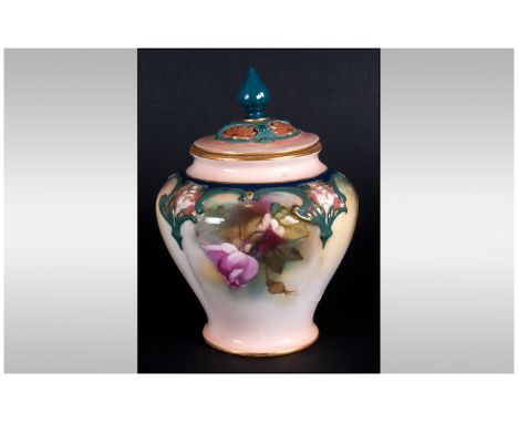Royal Worcester Hand Painted Lidded Vase ' Roses ' Date 1913, Shape 279. Height 5.25 Inches. 