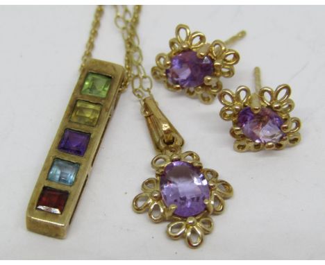 9ct square cut multi-gem pendant necklace, together with a further 9ct amethyst pendant necklace with matching stud earrings,