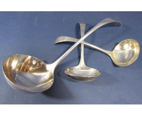 Edwardian silver Old English soup ladle and pair of sauce ladles, maker JR, Sheffield 1901 and 1903, the soup ladle 27 cm lon