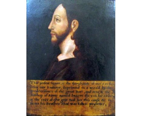 An unusual and early British school profile portrait of Christ, oil on wooden panel, inscribed with the history of the image,
