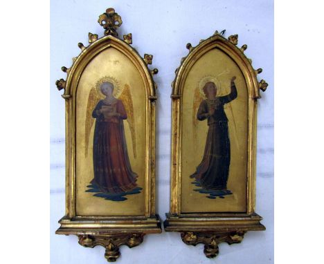 An interesting pair of 19th century studies of angelic musicians, both full length, painted in oil on wooden panel, both of a