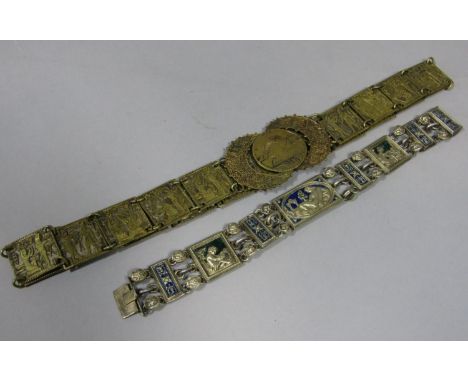 An unusual arts and crafts type enamel panelled bracelet decorated with various classical characters, 23cm wide, together wit