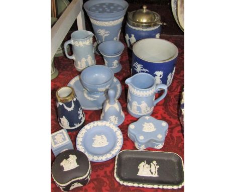 A collection of Wedgwood Jasperware, trumpet shaped vases, bell, etc, Dudson ware in the Wedgwood manner, basalt ware, etc (1