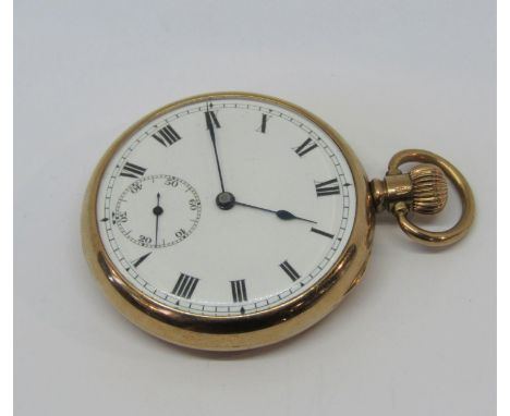 9ct pocket watch, enamel dial with subsidiary second dial and roman numerals, 9ct Dennison case with engine turned back, jewe