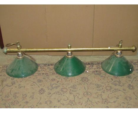 A vintage style hanging snooker table light, chain hung, with tubular brass effect bar supporting three green painted enamel 