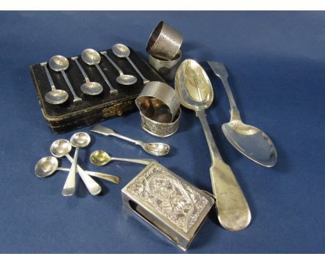 Chinese silver match box holder, 4 napkin rings, 4 mustard spoons, cased set of 6 seal point teaspoons, 2 Georgian fiddle pat