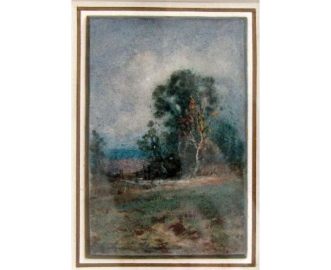 Henry John Sylvester Stannard RBA (British 1870-1951) landscape study with gate and tree, watercolour and body colour on card