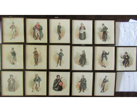 A set of sixteen coloured lithograph type book plates after Kyd showing various Dickensian characters, 17 x 14.5 cm 