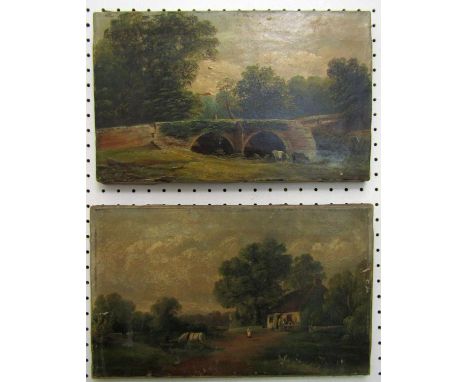 Henry Harris (British 1852-1926) landscape with twin arch stone bridge and cattle watering, oil on canvas, signed, together w
