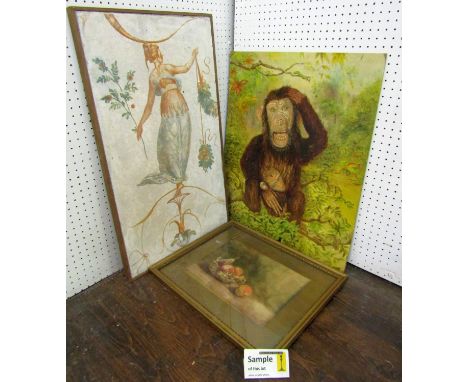 A collection of pictures and prints comprising an oil painting on board of a chimpanzee and young with label verso Mrs K L Ha