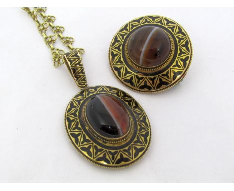 Victorian yellow metal mourning pendant and matching brooch, set with cabochon banded agate and with black enamel border, bot