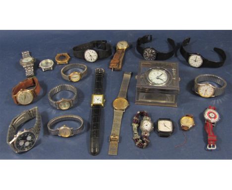 A mixed collection of vintage watches and time pieces to include a Jens Olsen chrome ships style chronometer, quartz movement
