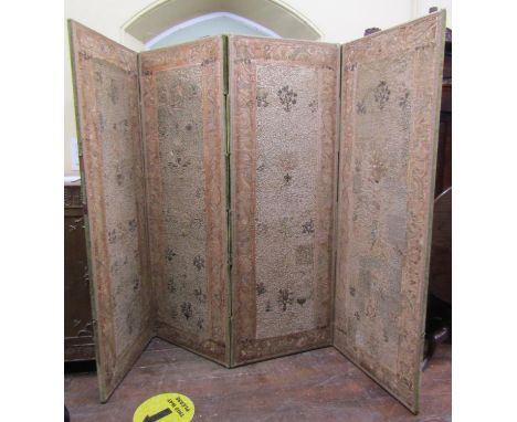 A late 19th century four fold room divider, each panel to one side with crewel work embroidery in an 18th century manner, sho