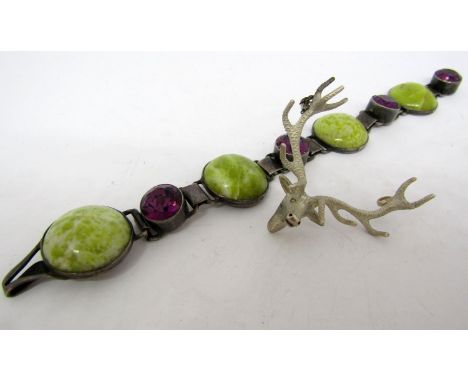Irish silver Connemara marble and amethyst bracelet, maker O.C.I, Dublin 1964, together with a Scottish silver stag brooch by