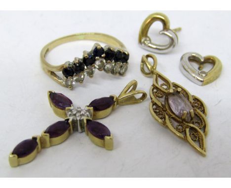 Group of 9ct jewellery comprising an amethyst and diamond cross pendant, further filigree pendant set with a pale amethyst, d