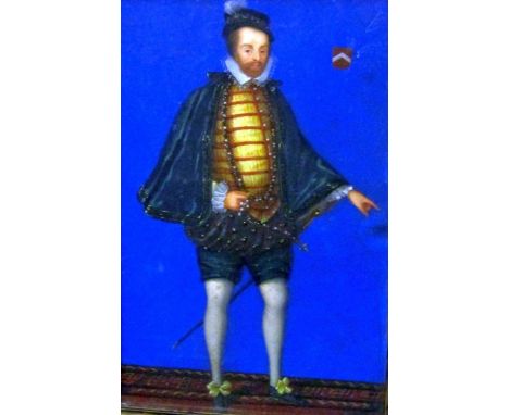 Early 19th century British School - An interesting miniature portrait of Sir Christopher Hatton (1540-91) standing full lengt