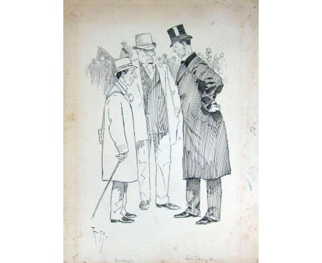 Phil May (British 1864-1903) pen and ink caricature drawing of three gentlemen at the races, signed and dated 95, inscribed w