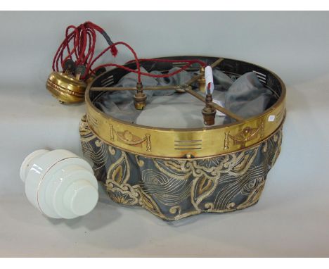 A rise and fall electric light, a circular brass frame on fabric hangings and a further art deco inverted tapering celling li